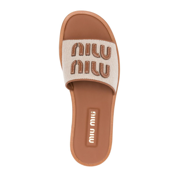 MIU MIU　キャンバスxレザー スライドサンダル